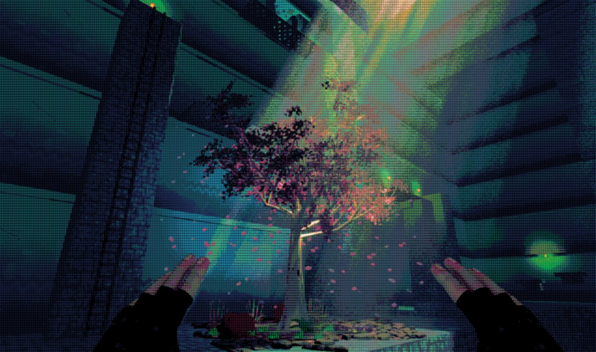 A blossoming tree in a ruined courtyard, rendered through the CRT simulation